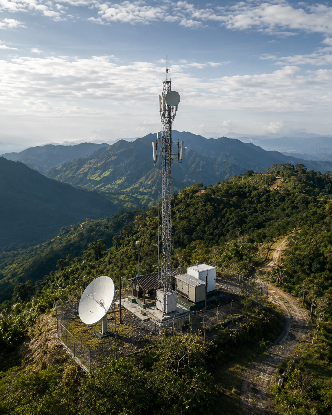 Infraestructura de conectividad satelital instalada en una zona remota